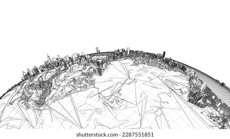 3d city sphere. Vector rendering of 3d. Wire-frame style. The layers of visible and invisible lines are separated
