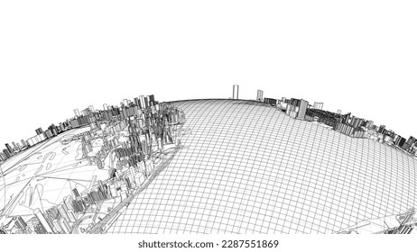 3d city sphere. Vector rendering of 3d. Wire-frame style. The layers of visible and invisible lines are separated