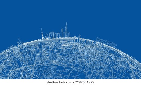 3d city sphere. Vector rendering of 3d. Wire-frame style. The layers of visible and invisible lines are separated