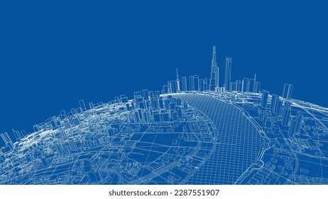 3d city sphere. Vector rendering of 3d. Wire-frame style. The layers of visible and invisible lines are separated