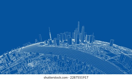 3d city sphere. Vector rendering of 3d. Wire-frame style. The layers of visible and invisible lines are separated