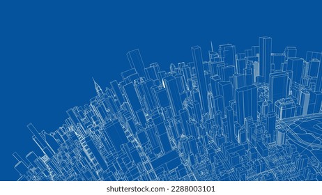 3d city sphere. Vector rendering of 3d. Wire-frame style. The layers of visible and invisible lines are separated