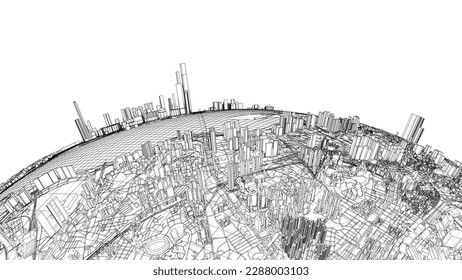 3d city sphere. Vector rendering of 3d. Wire-frame style. The layers of visible and invisible lines are separated