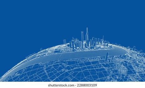3d city sphere. Vector rendering of 3d. Wire-frame style. The layers of visible and invisible lines are separated