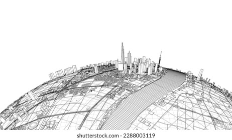3d city sphere. Vector rendering of 3d. Wire-frame style. The layers of visible and invisible lines are separated