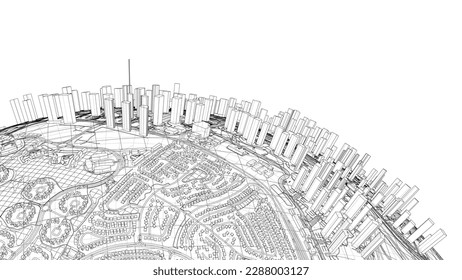 3d city sphere. Vector rendering of 3d. Wire-frame style. The layers of visible and invisible lines are separated