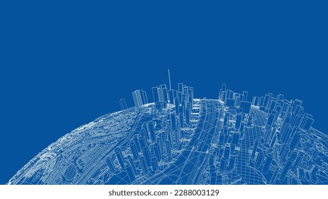 3d city sphere. Vector rendering of 3d. Wire-frame style. The layers of visible and invisible lines are separated