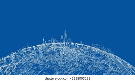 3d city sphere. Vector rendering of 3d. Wire-frame style. The layers of visible and invisible lines are separated