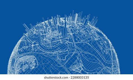 3d Stadtsphäre. Vektorgrafik von 3d. Wire-Frame-Stil. Die Schichten sichtbarer und unsichtbarer Linien sind getrennt