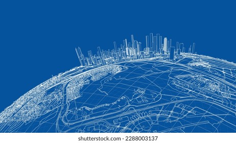 3d city sphere. Vector rendering of 3d. Wire-frame style. The layers of visible and invisible lines are separated