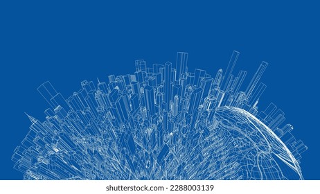 3d city sphere. Vector rendering of 3d. Wire-frame style. The layers of visible and invisible lines are separated