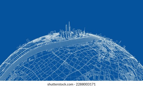 3d city sphere. Vector rendering of 3d. Wire-frame style. The layers of visible and invisible lines are separated