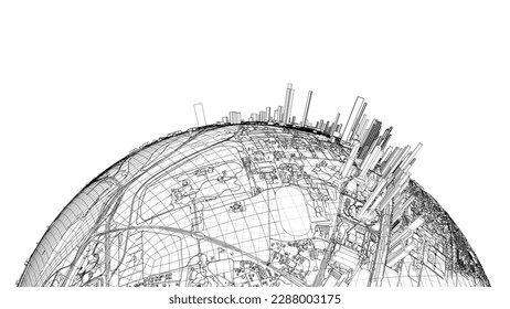 3d city sphere. Vector rendering of 3d. Wire-frame style. The layers of visible and invisible lines are separated