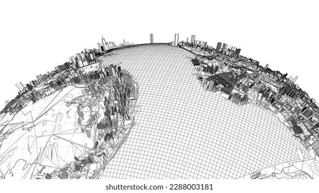 3d city sphere. Vector rendering of 3d. Wire-frame style. The layers of visible and invisible lines are separated