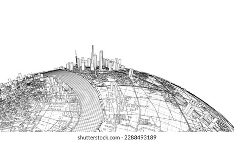 3d city sphere. Vector rendering of 3d. Wire-frame style. The layers of visible and invisible lines are separated