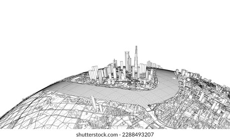 3d city sphere. Vector rendering of 3d. Wire-frame style. The layers of visible and invisible lines are separated
