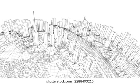 3d city sphere. Vector rendering of 3d. Wire-frame style. The layers of visible and invisible lines are separated