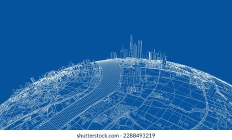 3d city sphere. Vector rendering of 3d. Wire-frame style. The layers of visible and invisible lines are separated