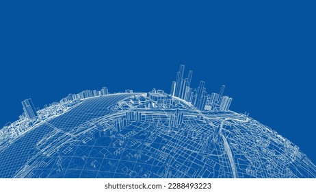 3d city sphere. Vector rendering of 3d. Wire-frame style. The layers of visible and invisible lines are separated