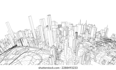 3d city sphere. Vector rendering of 3d. Wire-frame style. The layers of visible and invisible lines are separated