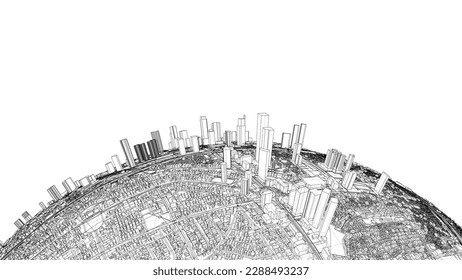 3d city sphere. Vector rendering of 3d. Wire-frame style. The layers of visible and invisible lines are separated