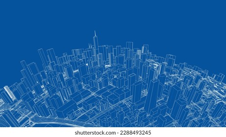 3d city sphere. Vector rendering of 3d. Wire-frame style. The layers of visible and invisible lines are separated