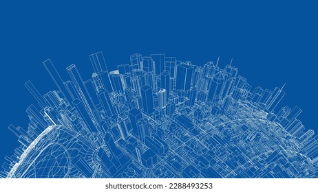 3d city sphere. Vector rendering of 3d. Wire-frame style. The layers of visible and invisible lines are separated