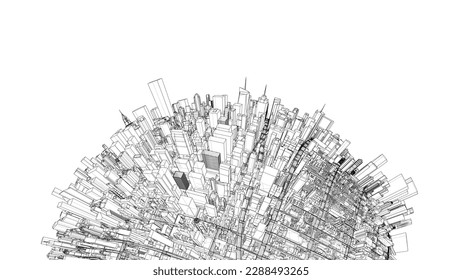 3d city sphere. Vector rendering of 3d. Wire-frame style. The layers of visible and invisible lines are separated