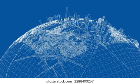 3d city sphere. Vector rendering of 3d. Wire-frame style. The layers of visible and invisible lines are separated