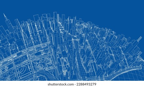 3d city sphere. Vector rendering of 3d. Wire-frame style. The layers of visible and invisible lines are separated