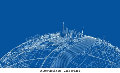 3d city sphere. Vector rendering of 3d. Wire-frame style. The layers of visible and invisible lines are separated