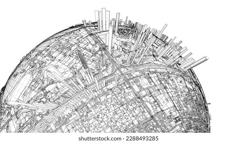 3d city sphere. Vector rendering of 3d. Wire-frame style. The layers of visible and invisible lines are separated