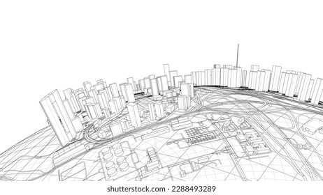 3d city sphere. Vector rendering of 3d. Wire-frame style. The layers of visible and invisible lines are separated