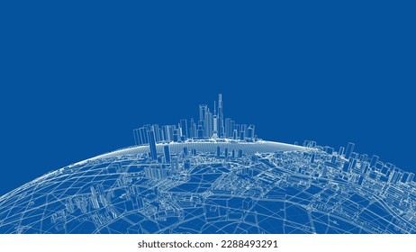 3d city sphere. Vector rendering of 3d. Wire-frame style. The layers of visible and invisible lines are separated