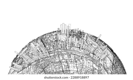3d city sphere. Vector rendering of 3d. Wire-frame style. The layers of visible and invisible lines are separated