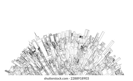 3d city sphere. Vector rendering of 3d. Wire-frame style. The layers of visible and invisible lines are separated