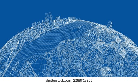 3d city sphere. Vector rendering of 3d. Wire-frame style. The layers of visible and invisible lines are separated