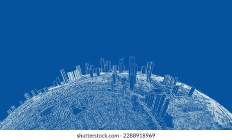 3d city sphere. Vector rendering of 3d. Wire-frame style. The layers of visible and invisible lines are separated