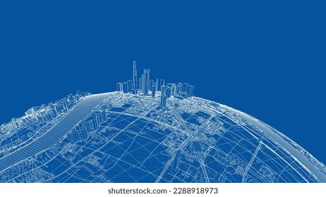 3d city sphere. Vector rendering of 3d. Wire-frame style. The layers of visible and invisible lines are separated