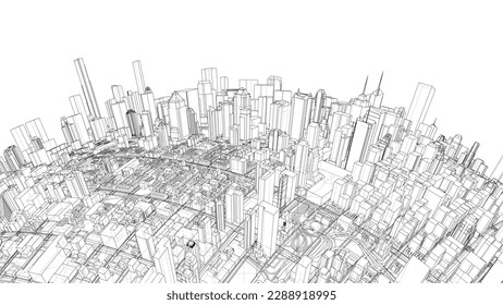 3d Stadtsphäre. Vektorgrafik von 3d. Wire-Frame-Stil. Die Schichten sichtbarer und unsichtbarer Linien sind getrennt