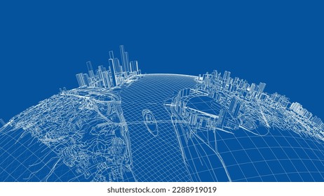 3d city sphere. Vector rendering of 3d. Wire-frame style. The layers of visible and invisible lines are separated