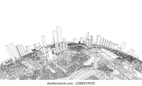 3.ª esfera de la ciudad. Representación vectorial de 3d. Estilo de marco de cables. Las capas de líneas visibles e invisibles están separadas