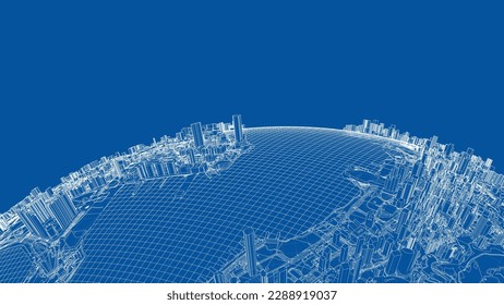 3d city sphere. Vector rendering of 3d. Wire-frame style. The layers of visible and invisible lines are separated