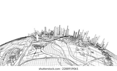 3d city sphere. Vector rendering of 3d. Wire-frame style. The layers of visible and invisible lines are separated
