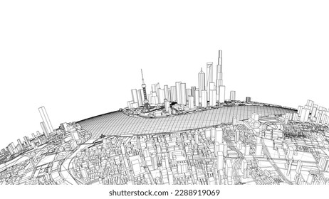 3d city sphere. Vector rendering of 3d. Wire-frame style. The layers of visible and invisible lines are separated