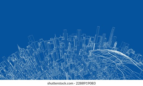 3d city sphere. Vector rendering of 3d. Wire-frame style. The layers of visible and invisible lines are separated