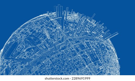 3d city sphere. Vector rendering of 3d. Wire-frame style. The layers of visible and invisible lines are separated