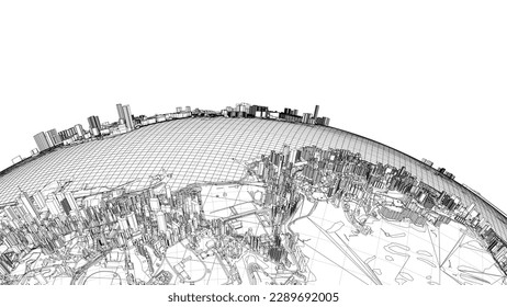 3d city sphere. Vector rendering of 3d. Wire-frame style. The layers of visible and invisible lines are separated