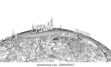 3d city sphere. Vector rendering of 3d. Wire-frame style. The layers of visible and invisible lines are separated