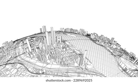 3d city sphere. Vector rendering of 3d. Wire-frame style. The layers of visible and invisible lines are separated